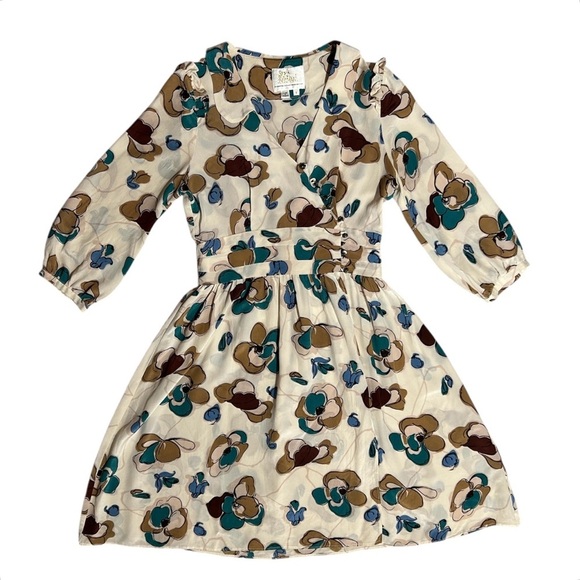 Vtg SARA BERMAN Silk Floral Chiffon Wrap Dress sz S Brown Blue Abalone Buttons - Picture 2 of 13